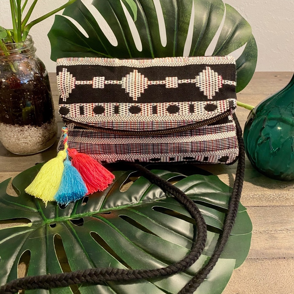 Tribal crossbody bag with tassels